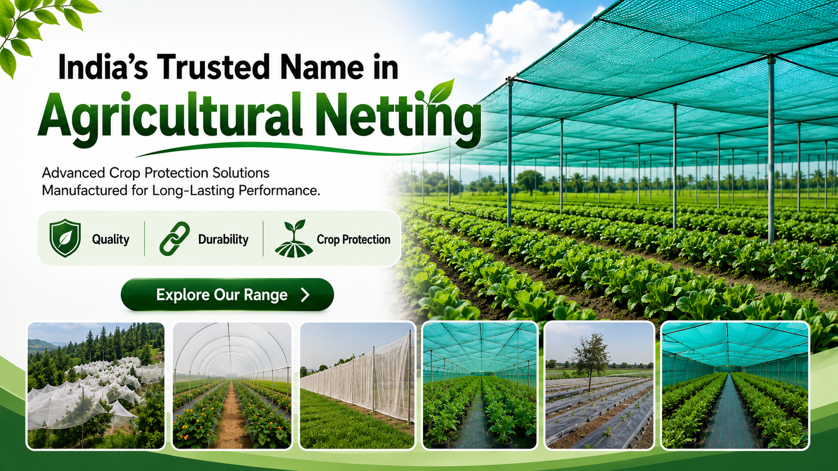Protecting Crops. Improving Yields. Premium fabrics and netting solutions for protected cultivation - B&V Agro shade nets, weed mats, insect mesh, anti-hail nets and monofilament nets, trusted since 1988